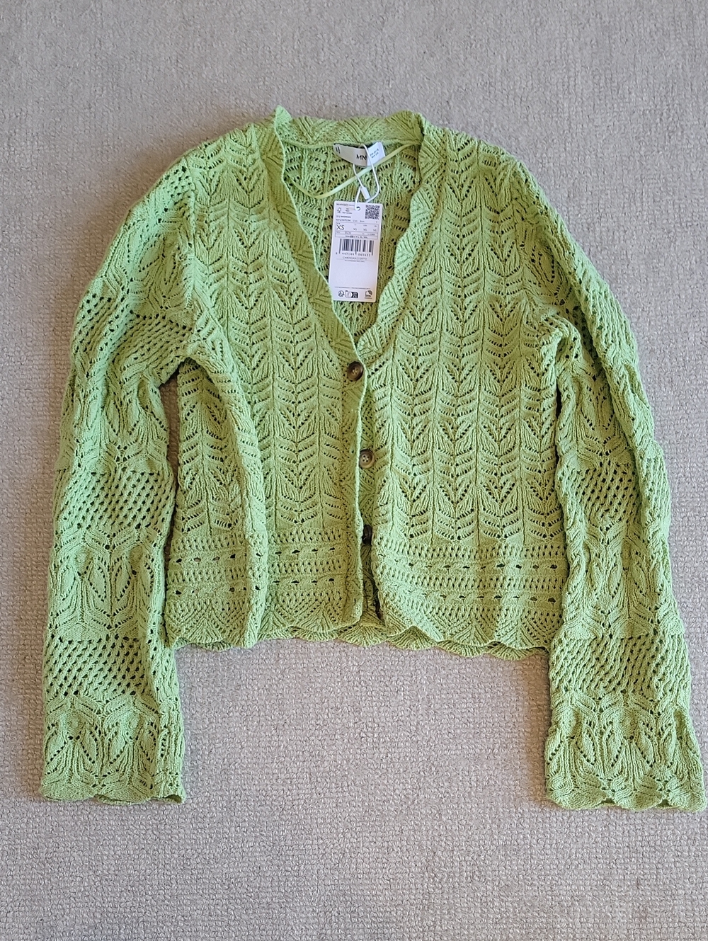 MANGO Light Green Crochet Knit Button-Front Women's Cardigan - Chic Boho